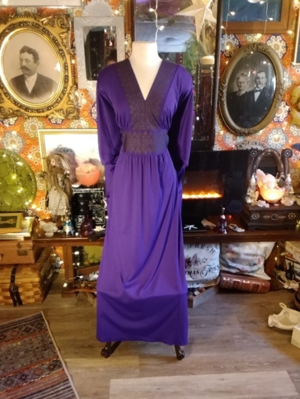 Vintage 70's ALFRED Shaheen Indigo Maxi Dress Art Deco Bohemian Caftan